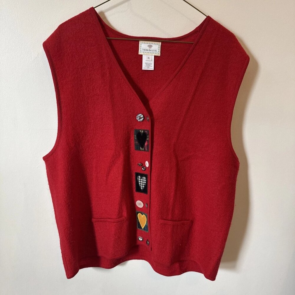 Susan Bristol Hand Embroidered Sweater Vest Red Womens XL Hearts Buttons Vintage